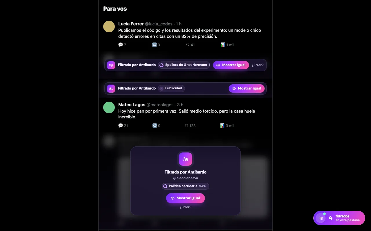 Feed de X en tema oscuro con publicaciones tapadas